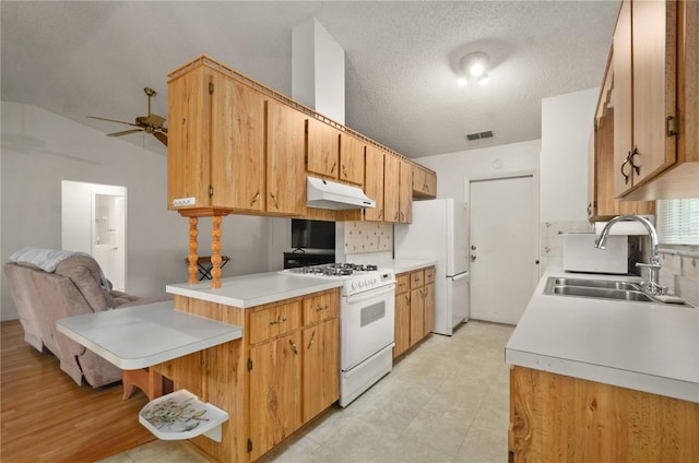 kitchen with sink, backsplash, white appliances, ceiling fan, and a textured ceiling