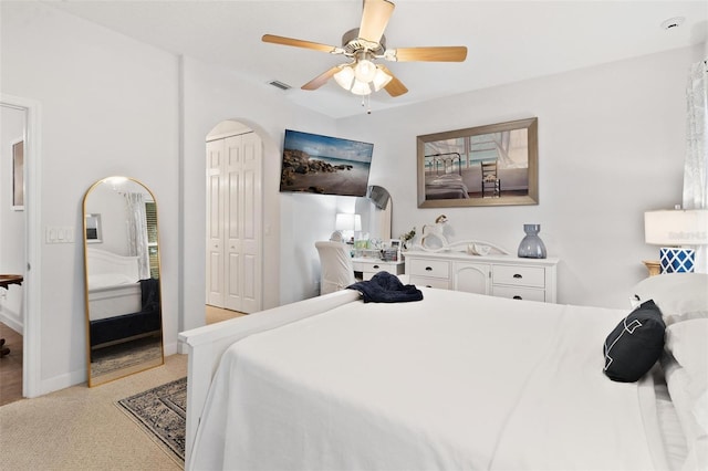 bedroom featuring ceiling fan and a closet