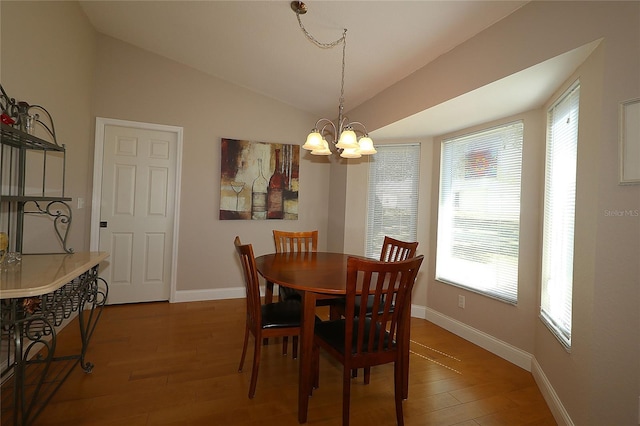 dining room with lofted ceiling, hardwood / wood-style floors, and plenty of natural light