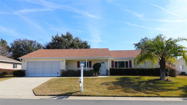 single story home with a garage and a front yard