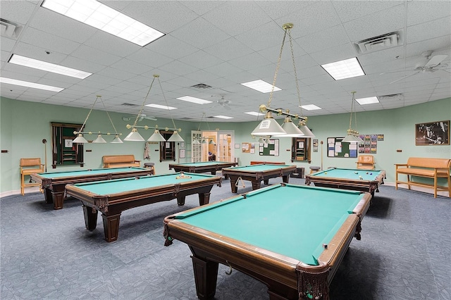 game room featuring billiards, a paneled ceiling, and dark carpet