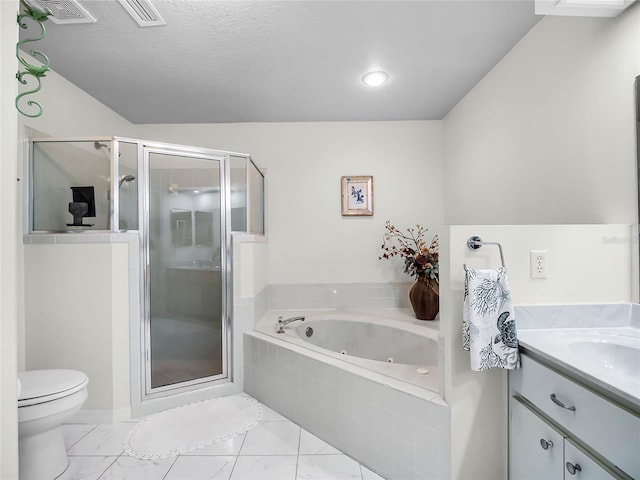 full bathroom featuring vanity, toilet, and separate shower and tub