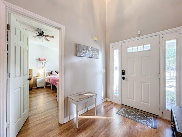 foyer featuring lofted ceiling, a wealth of natural light, and light hardwood / wood-style flooring