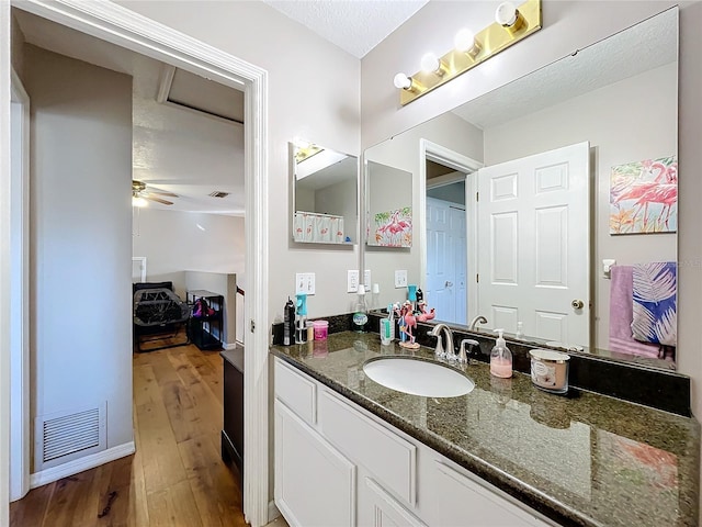 bathroom with ceiling fan, vanity, and hardwood / wood-style floors