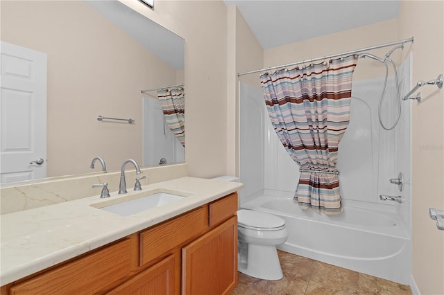 full bathroom featuring vanity, shower / tub combo, and toilet