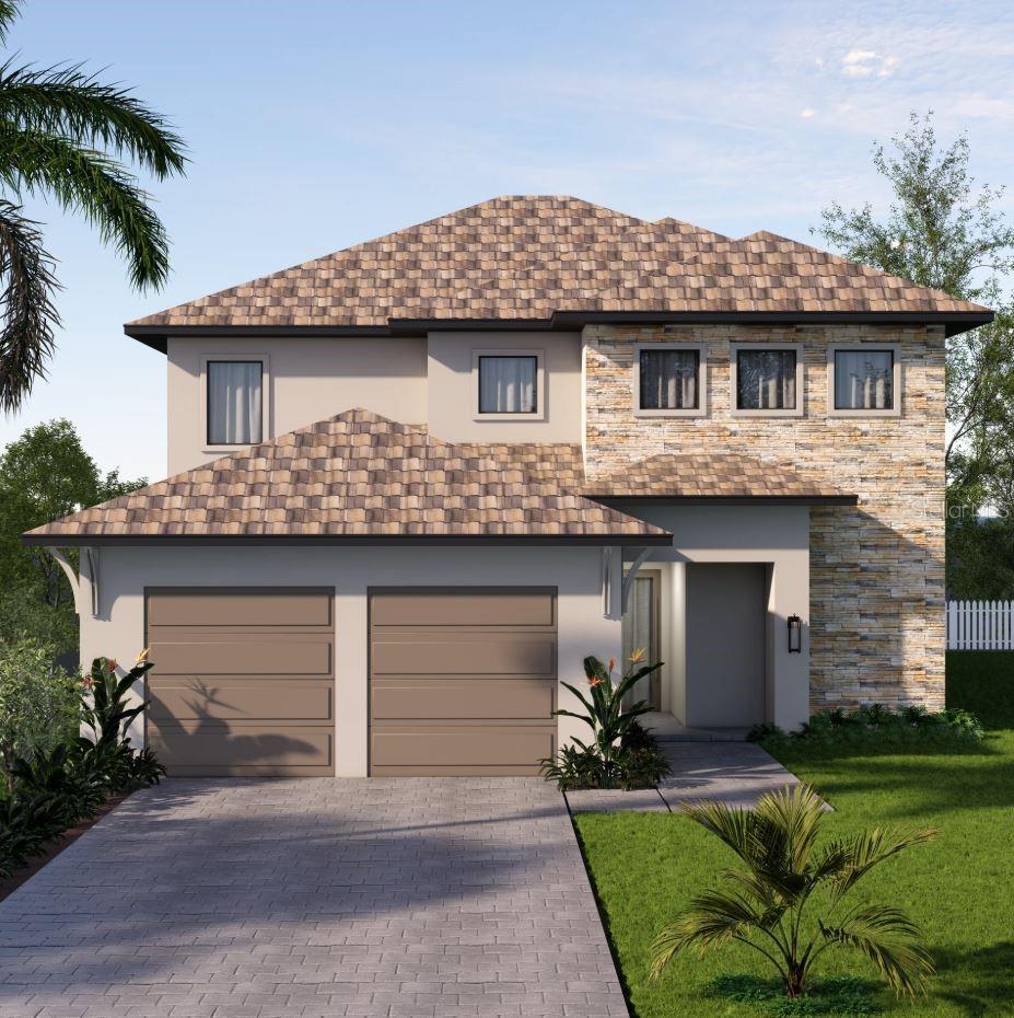 view of front of home featuring a garage, a front yard, decorative driveway, and stucco siding