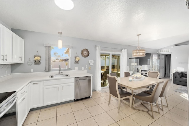 kitchen with white cabinetry, stainless steel dishwasher, decorative light fixtures, and sink