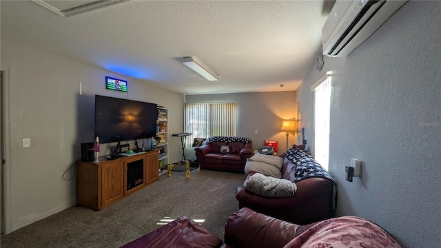 carpeted living room with a textured ceiling and an AC wall unit