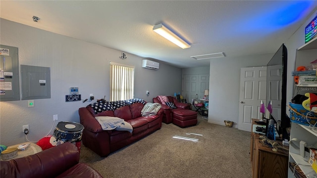 carpeted living room featuring electric panel and a wall mounted AC