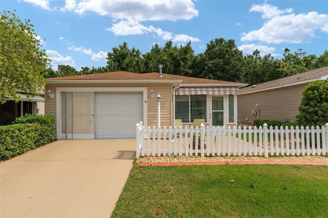 single story home with a garage and a front yard