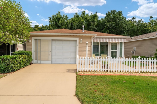 ranch-style house featuring a garage and a front yard