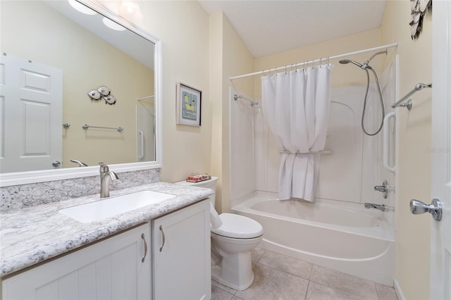 full bathroom with shower / bath combination with curtain, vanity, toilet, tile patterned floors, and a textured ceiling