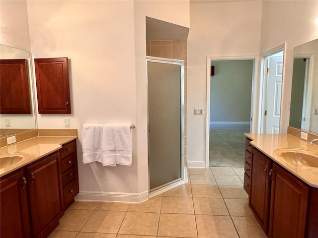 bathroom with tile patterned flooring, vanity, and a shower with shower door