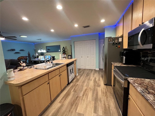 kitchen with sink, decorative light fixtures, light hardwood / wood-style flooring, appliances with stainless steel finishes, and ceiling fan