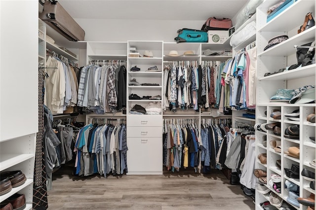 walk in closet with light hardwood / wood-style floors