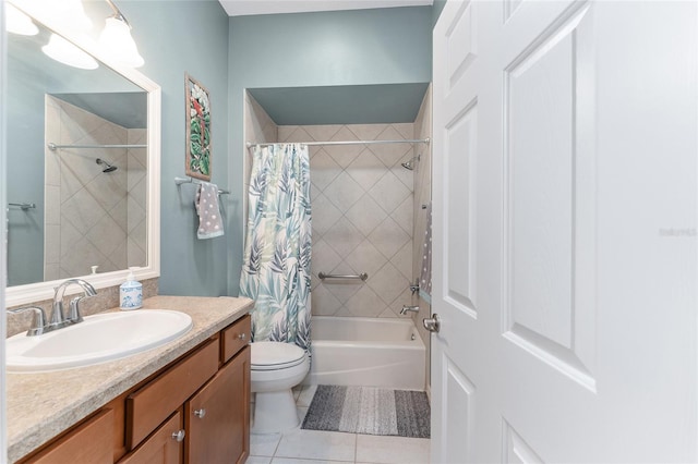 full bathroom featuring vanity, shower / bathtub combination with curtain, tile patterned floors, and toilet