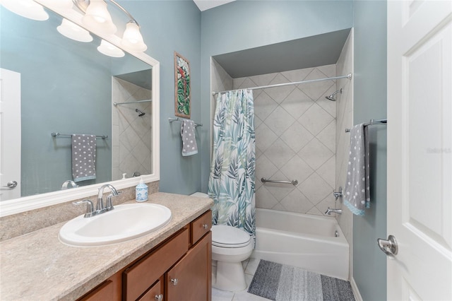 full bathroom with shower / bath combination with curtain, vanity, toilet, and tile patterned flooring