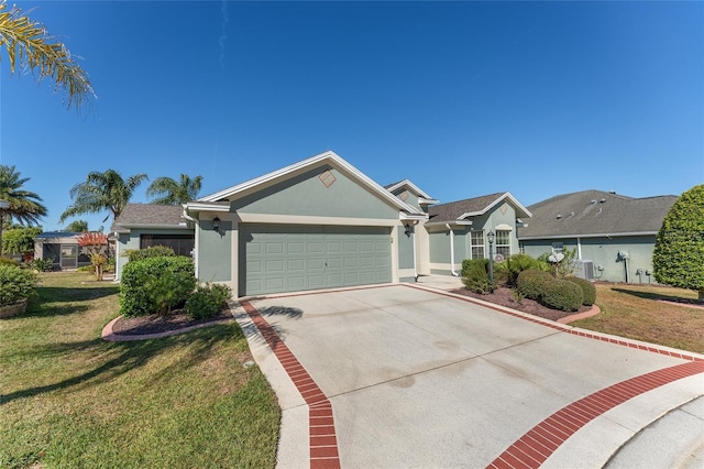 ranch-style home with central AC unit, a garage, and a front yard