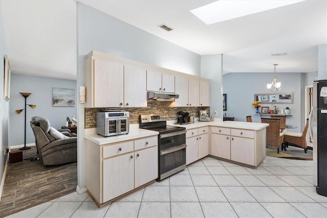 kitchen featuring lofted ceiling with skylight, tasteful backsplash, hanging light fixtures, kitchen peninsula, and stainless steel appliances