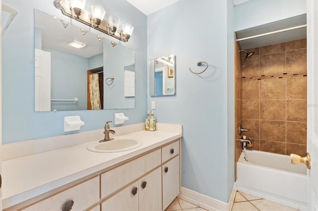 bathroom featuring tile patterned flooring, vanity, and shower / bathtub combination with curtain