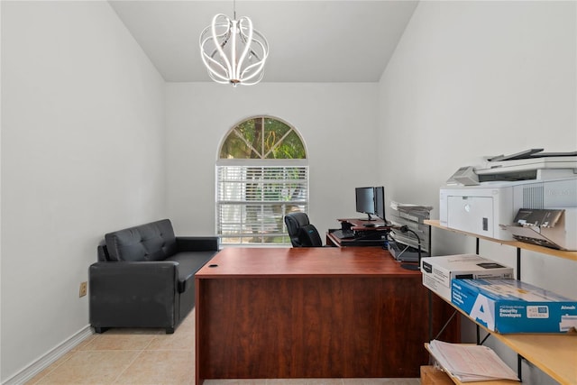 office space featuring light tile patterned flooring and a chandelier