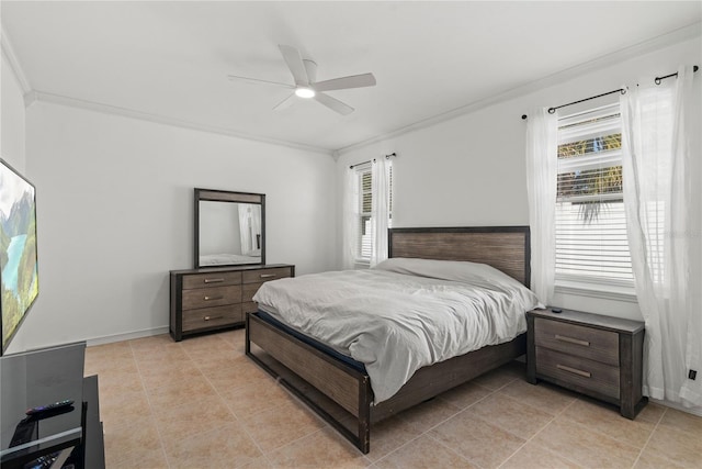 bedroom with ceiling fan, ornamental molding, and light tile patterned floors