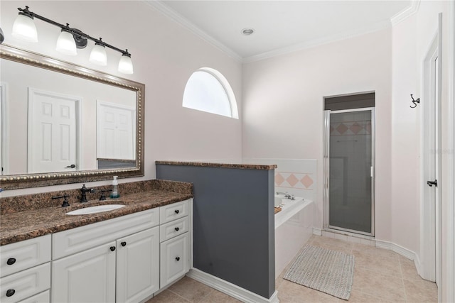 bathroom featuring vanity, separate shower and tub, tile patterned floors, and crown molding