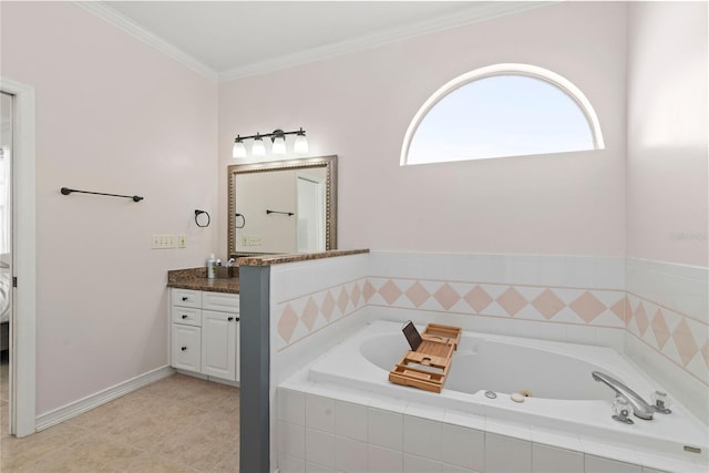 bathroom with vanity, ornamental molding, a relaxing tiled tub, and tile patterned floors