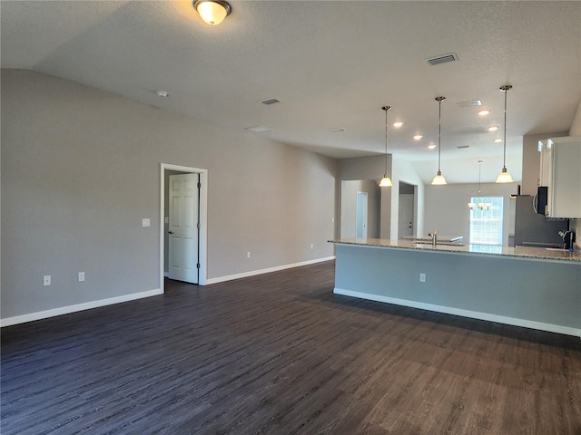 interior space with lofted ceiling, dark hardwood / wood-style flooring, sink, and a textured ceiling