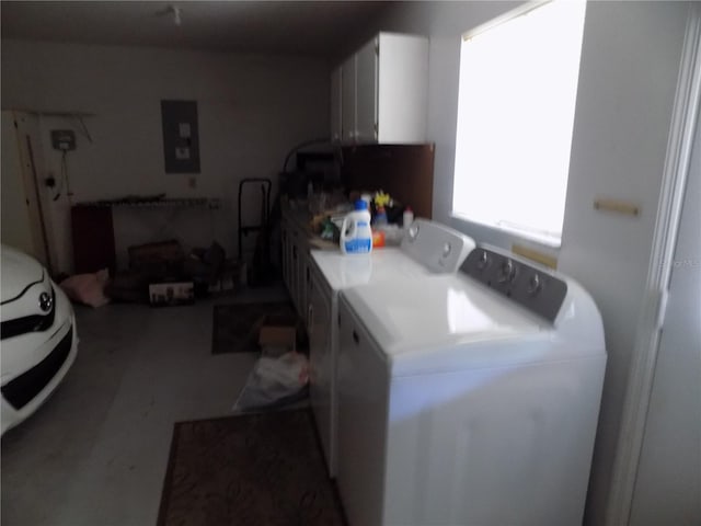 laundry room with cabinets, independent washer and dryer, and electric panel