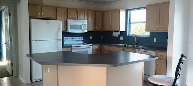 kitchen featuring light tile patterned flooring, sink, ornamental molding, a center island, and white appliances