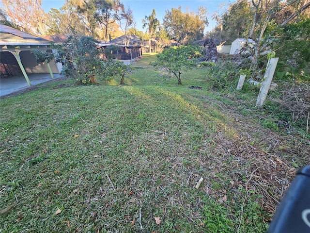 view of yard featuring a storage shed