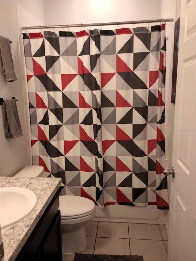 full bathroom with tile patterned flooring, vanity, shower / bath combination with curtain, and toilet