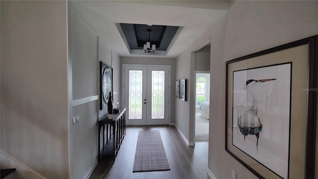 foyer featuring a raised ceiling, hardwood / wood-style flooring, and french doors