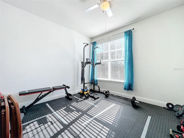 exercise area featuring ceiling fan