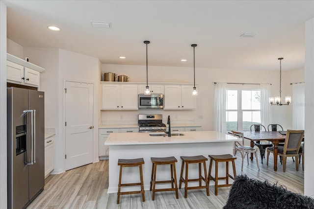 kitchen featuring stainless steel appliances, hanging light fixtures, a center island with sink, and white cabinets