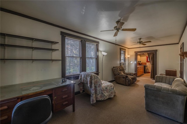 carpeted living room with ornamental molding