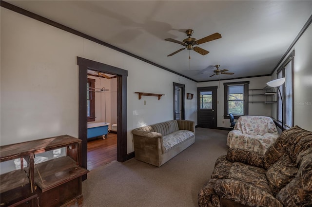 carpeted living room with crown molding