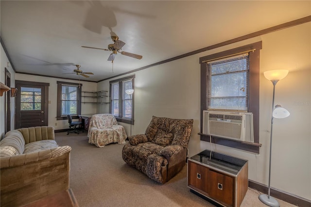 sitting room featuring ornamental molding, carpet flooring, and cooling unit