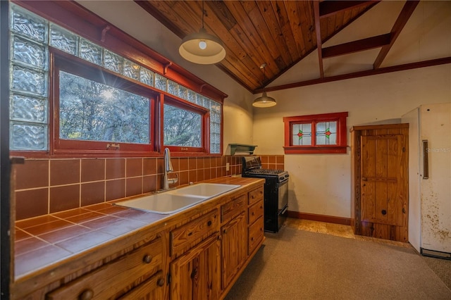 interior space with wood ceiling, sink, and light carpet