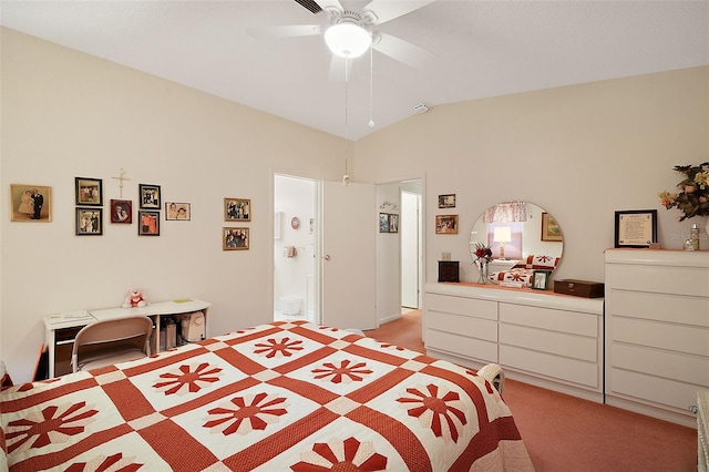 bedroom featuring lofted ceiling, light carpet, and ceiling fan