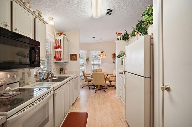 kitchen featuring sink, a textured ceiling, light wood-type flooring, pendant lighting, and white appliances