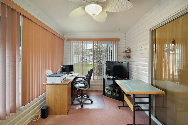 home office with crown molding, ceiling fan, and carpet