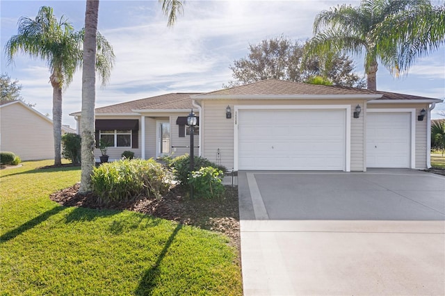 single story home with a garage and a front yard