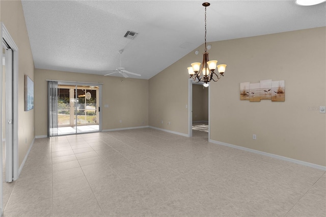 unfurnished room with ceiling fan with notable chandelier, vaulted ceiling, and a textured ceiling