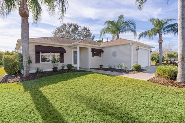 single story home with a garage and a front yard