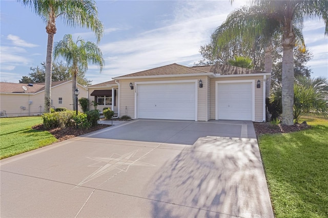 single story home with a garage and a front lawn