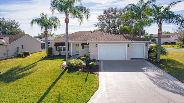 single story home with a garage and a front lawn