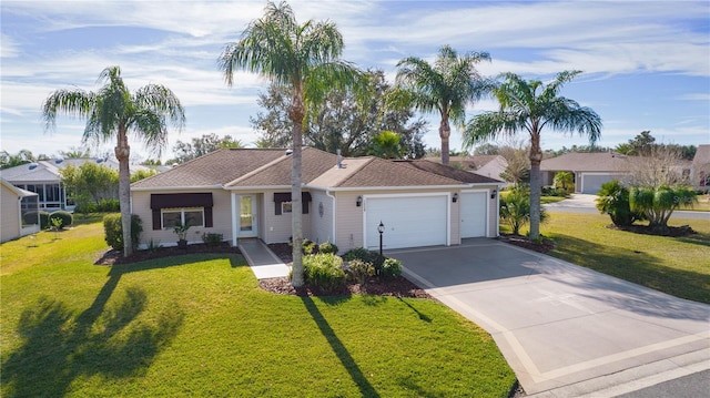 single story home featuring a garage and a front yard