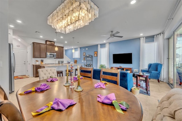 dining area with a ceiling fan, light tile patterned floors, recessed lighting, and visible vents